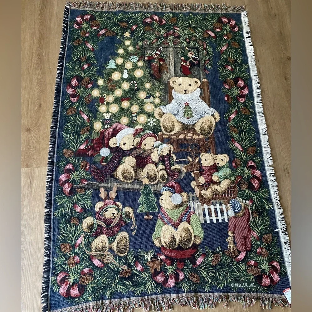 Vintage Goodwin Weavers Christmas Tree Teddy Bear Throw Woven Blanket Tapestry